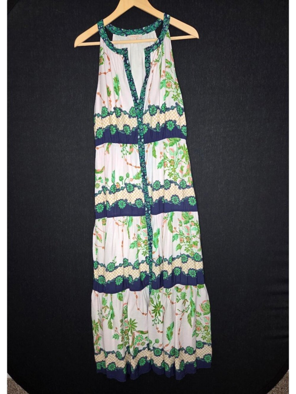💙 Skies Are Blue Floral Border Print Sleeveless Maxi Dress Size S/M Boho Cottag